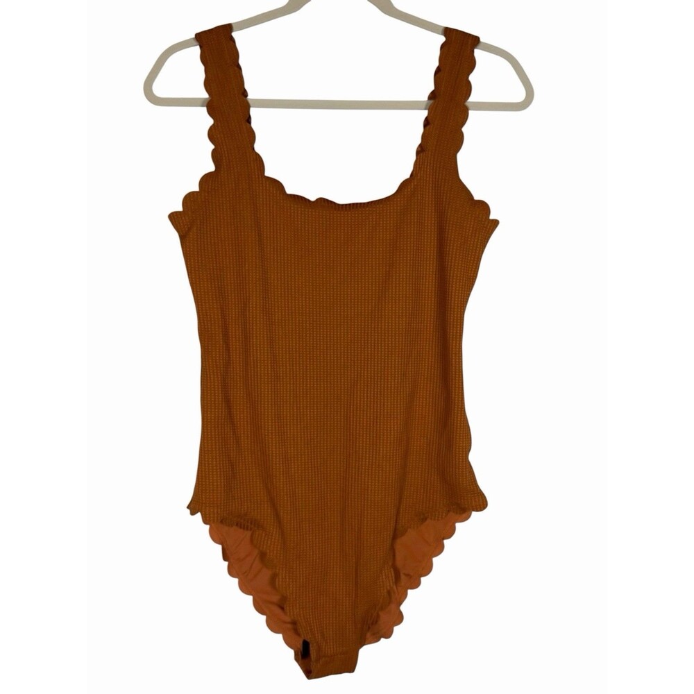 Aerie Scalloped Waffle One Piece Full Coverage Swimsuit Rust Size L Long